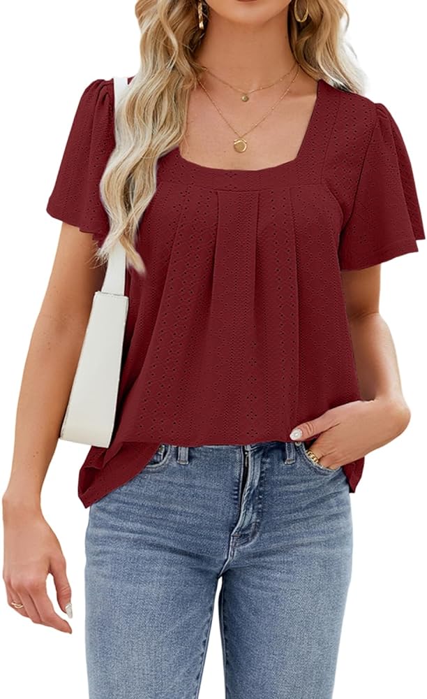 Womens Short Sleeve Square Neck Shirts 2024 Summer Dressy Casual Loose Tops Summer Tee Shirt