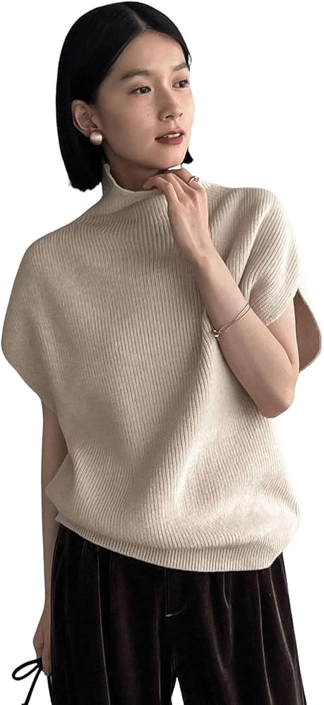 MakeMeChic Women's Solid Turtleneck Dolman Short Sleeve Ribbed Knit Pullover Sweater Tops