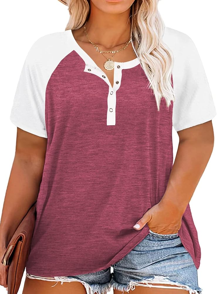 VISLILY Women's Plus Size Tops Raglan Henley Shirts Buttons Up Tunics Color Block Tee