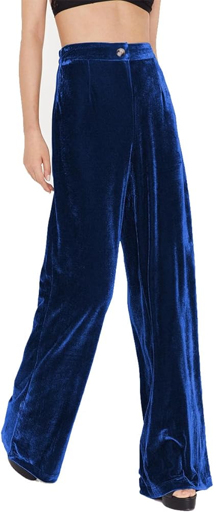 OBEEII Velvet Wide Leg Pants for Women High Waisted Pants Flowy Velvet Pants Casual Fall Winter Trousers with Pockets