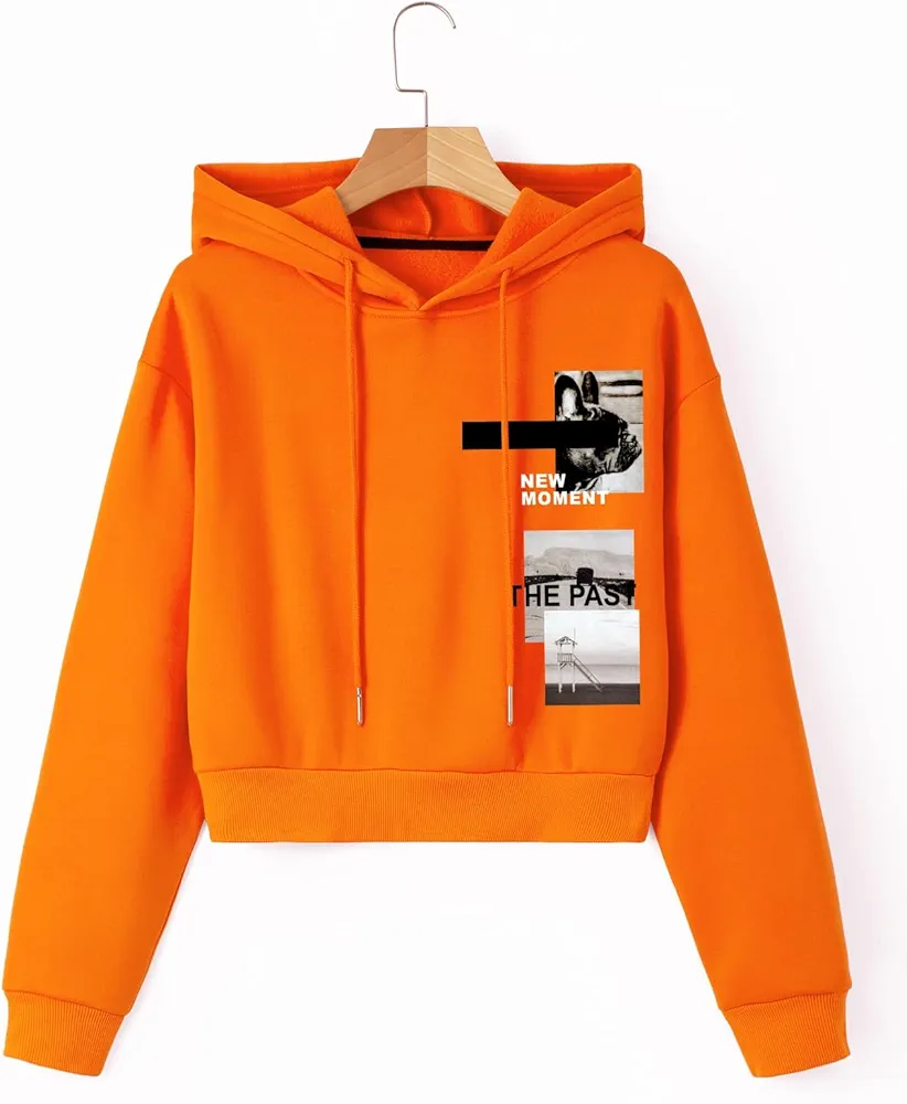 Sweatshirtw for Women - Letter Graphic Drop Shoulder Drawstring Thermal Hoodie (Color : Orange, Size : Medium)