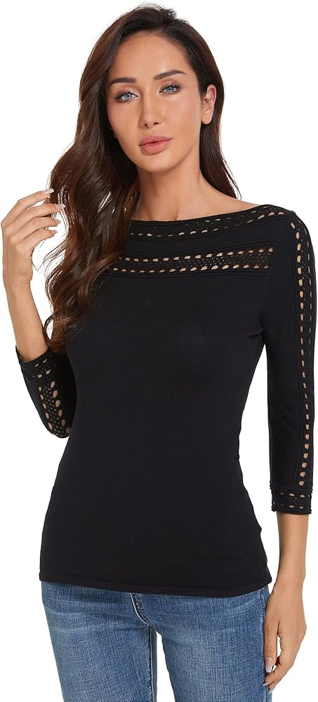 AmélieBoutik Women Boatneck Eyelet Trim 3/4 Sleeve Knit Top Sweater