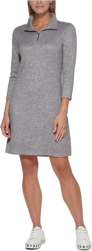 DKNY Womens Gray Knit Zippered Quarter Zip Heather Long Sleeve Mock Neck above The Knee Sweater Dress M