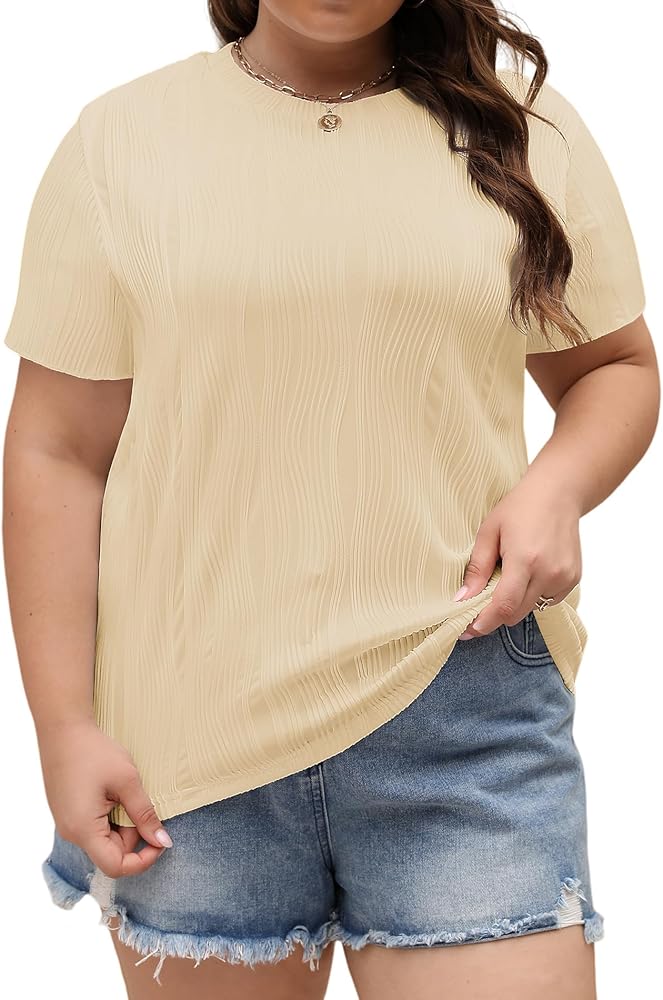 LALAGEN Womens Plus Size Summer Work Tops Textured Short Sleeve Crew Neck Tunic Business Casual T Shirt Basic Top Blouse