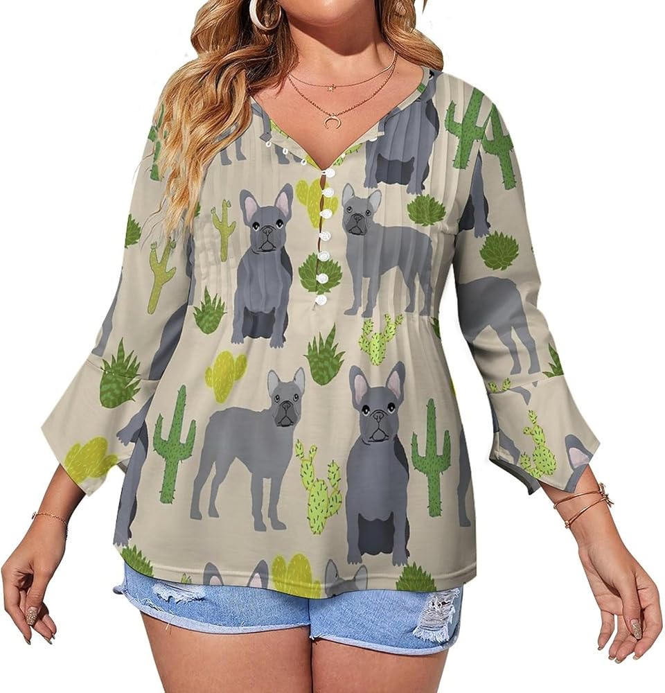 French Bulldog Cute Womens T-Shirts 3/4 Sleeve Button Down Tee Tops Blouse Summer Beach