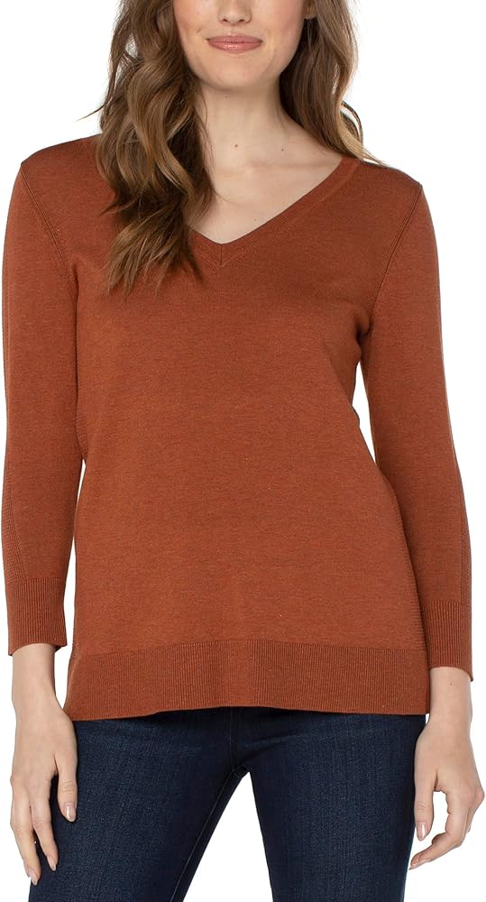 Liverpool Womens 3/4 Sleeve V-Neck Sweater with Pique Copper Heather Large