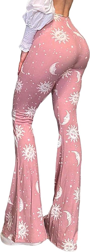 Floerns Women's Sun and Moon Print Bell Bottom Elastic Waist Flare Skinny Pants