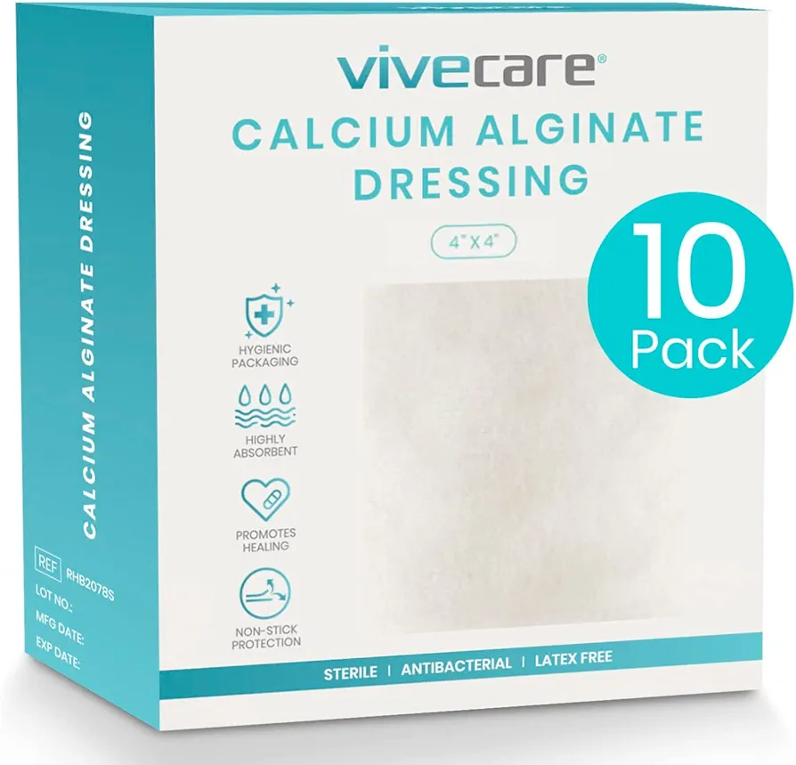 ViveCare Calcium Alginate Wound Dressing 4" x 4" (10 Pack) - Individually Wrapped, Sterile Gauze Pads - Absorbent Sterile Patches for Ulcer, Bed Sore, G Tube, & Diabetic Foot - Non-Stick Burn Treatmen