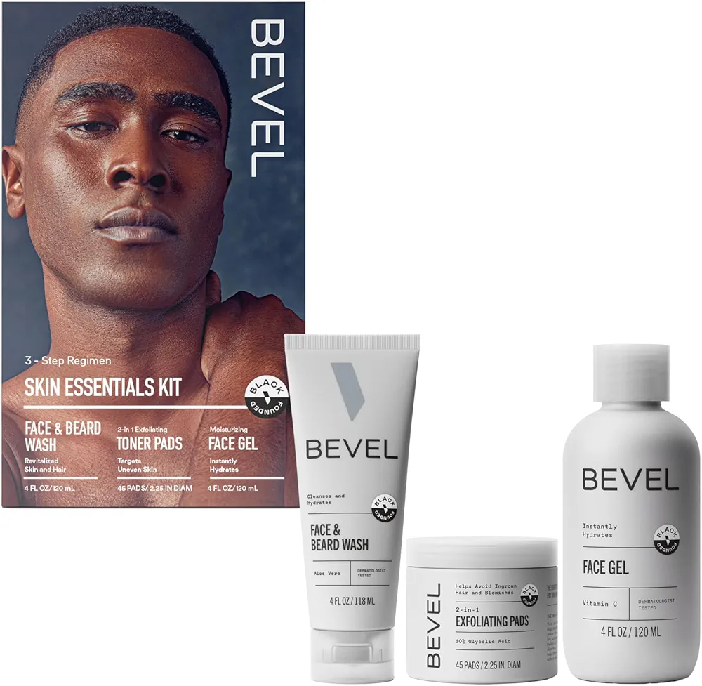 Bevel Skin Care Set - Includes Face Wash with Aloe Vera, Glycolic Acid Exfoliating Pads, Lightweight Face Moisturizer, Helps Treat Blemishes, Bumps and Discoloration (Packaging May Vary)