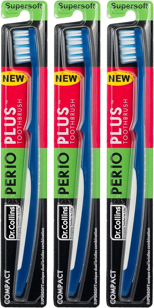 Dr. Collins Perio Plus Compact Toothbrush, (Colors Vary) (Pack of 3)