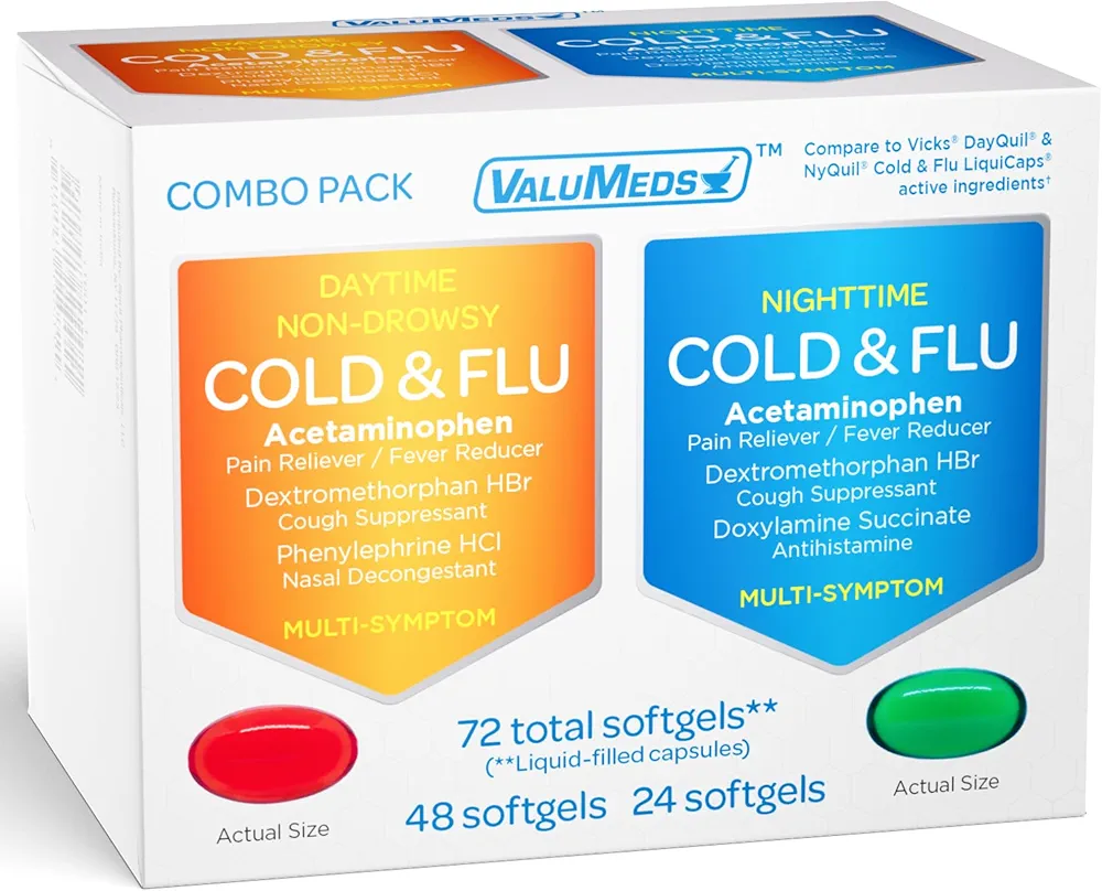 ValuMeds Cold & Flu Multi-Symptom Relief for Congestion, Headache, Sore Throat, Aches and Pains, Fever | Acetaminophen (Daytime & Nighttime, 72 Count)