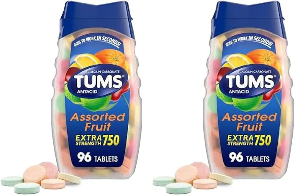 TUMS Extra Strength Antacid Tablets for Chewable Heartburn Relief and Acid Indigestion Relief, Assorted Fruit Flavors - 96 Count (Pack of 2)