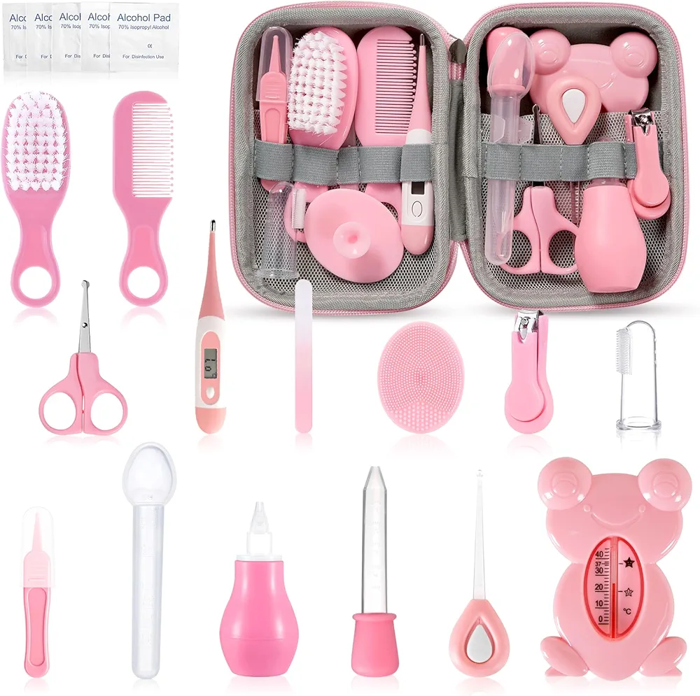 Baby Grooming Kit, 20 in 1 Baby Safety Care Set, Baby Essentials Kit, Portable Baby Hair Brush and Comb Set for Newborn Nursery Infant Toddlers Baby Boys Girls - Pink