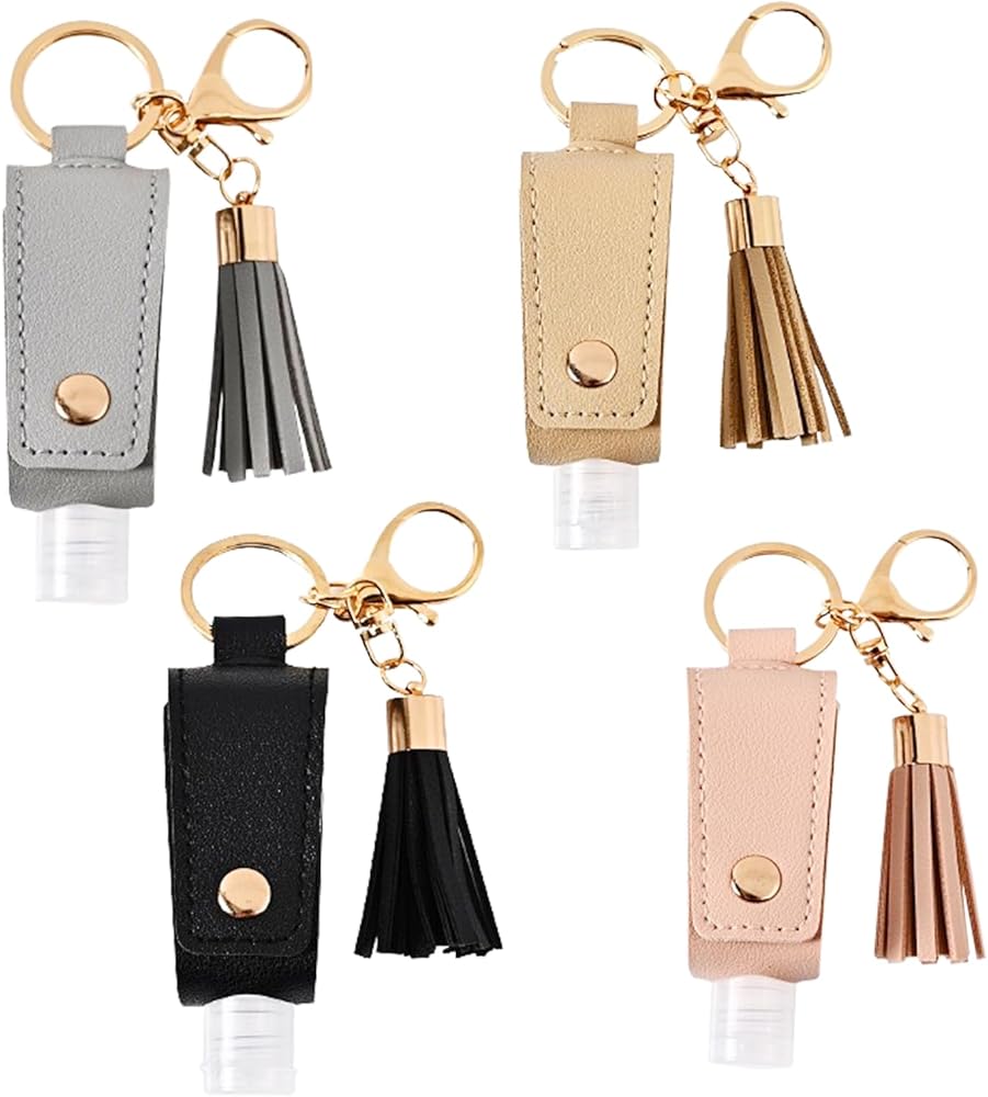 4 Pack Small Hand Sanitizer Keychain Portable Leather Empty Bottles for Toiletry Shampoo Lotion Soap