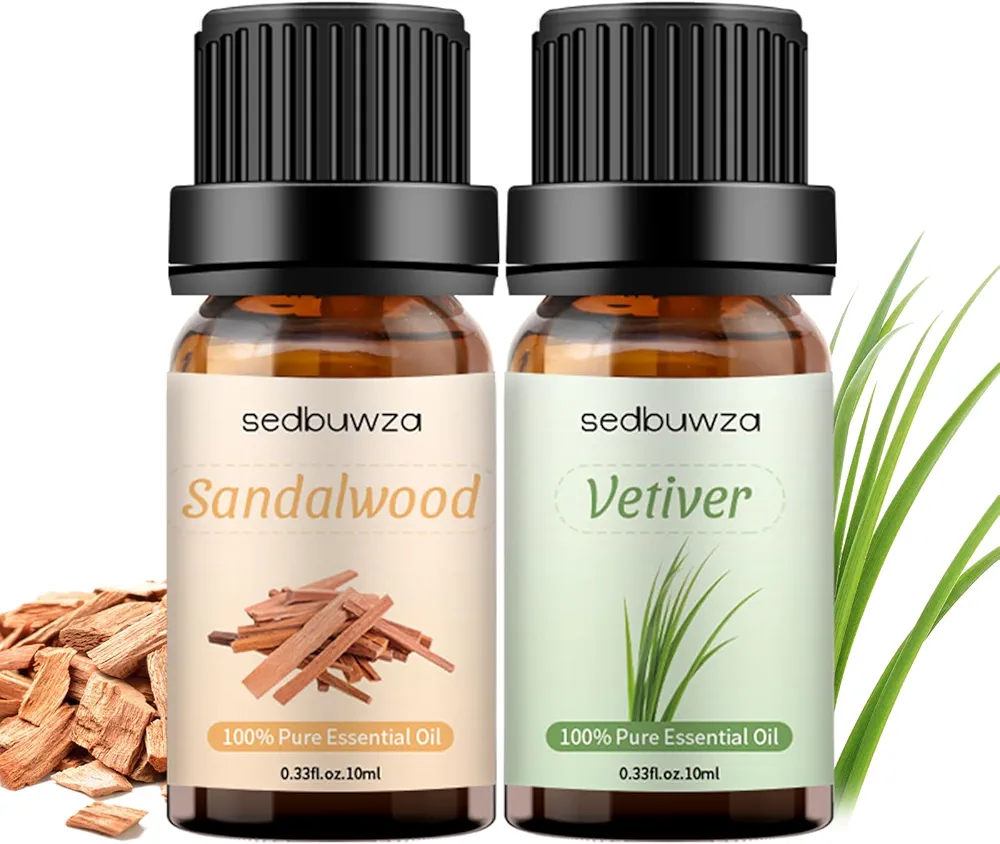 Sedbuwza Sandalwood Oil Bundle with Vetiver Essential Oil Set, 100% Pure Organic Fragrance Oil for Diffuser, Humidifier, Soap, Candle, Perfume