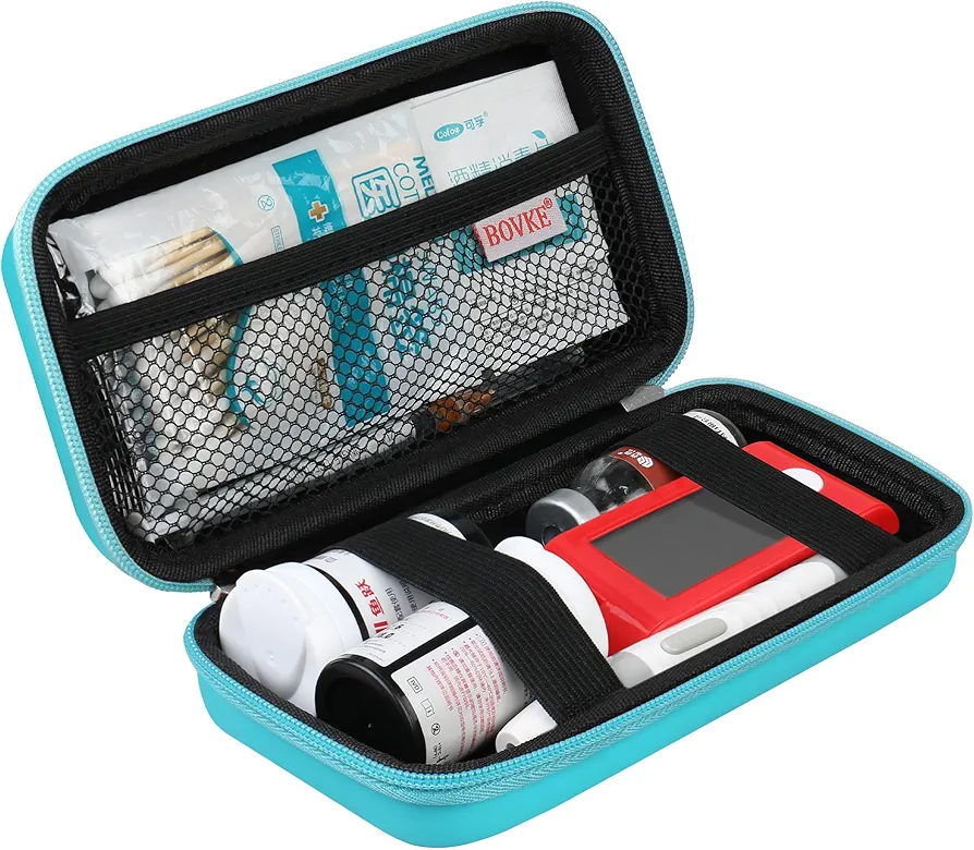 BOVKE Diabetic Supplies Case, Diabetes Travel Bag for Testing Kit, Blood Glucose Monitor Meters, Test Strips, Medication, Lancets, Needles, Syringes and Other Diabetic Supplies, Turquoise