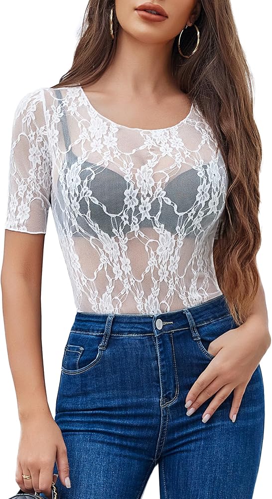 Avidlove Mesh Top for Women Short Sleeve Crew Neck Fitted Top Solid & Floral Lace Tee Shirts