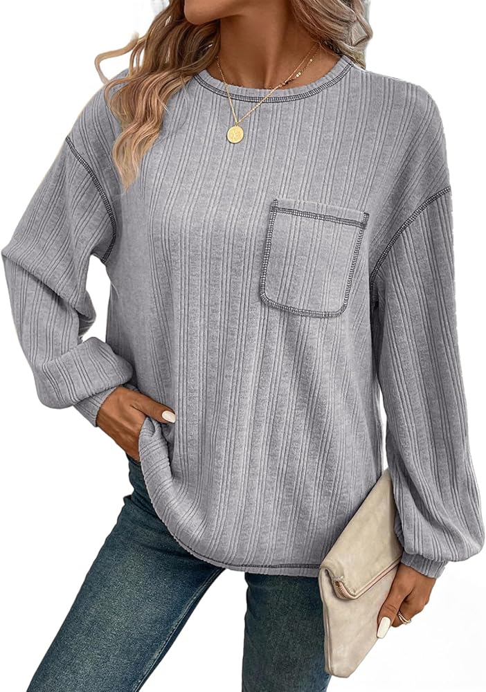 Dokotoo Long Sleeve Shirts for Women 2024 Casual Solid Crewneck Knitted Loose Fit Pullover Shirts Tops