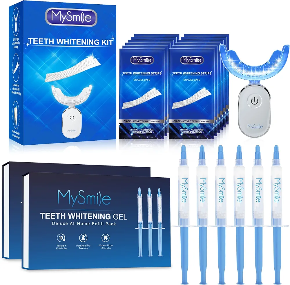 MySmile Teeth Whitening Kit with led Light, 6X Non-Sensitive Teeth Whitening Gel Refill Pack,28X Teeth Whitening Strips for Teeth Sensitive, 10 Min Fast Whitening Teeth