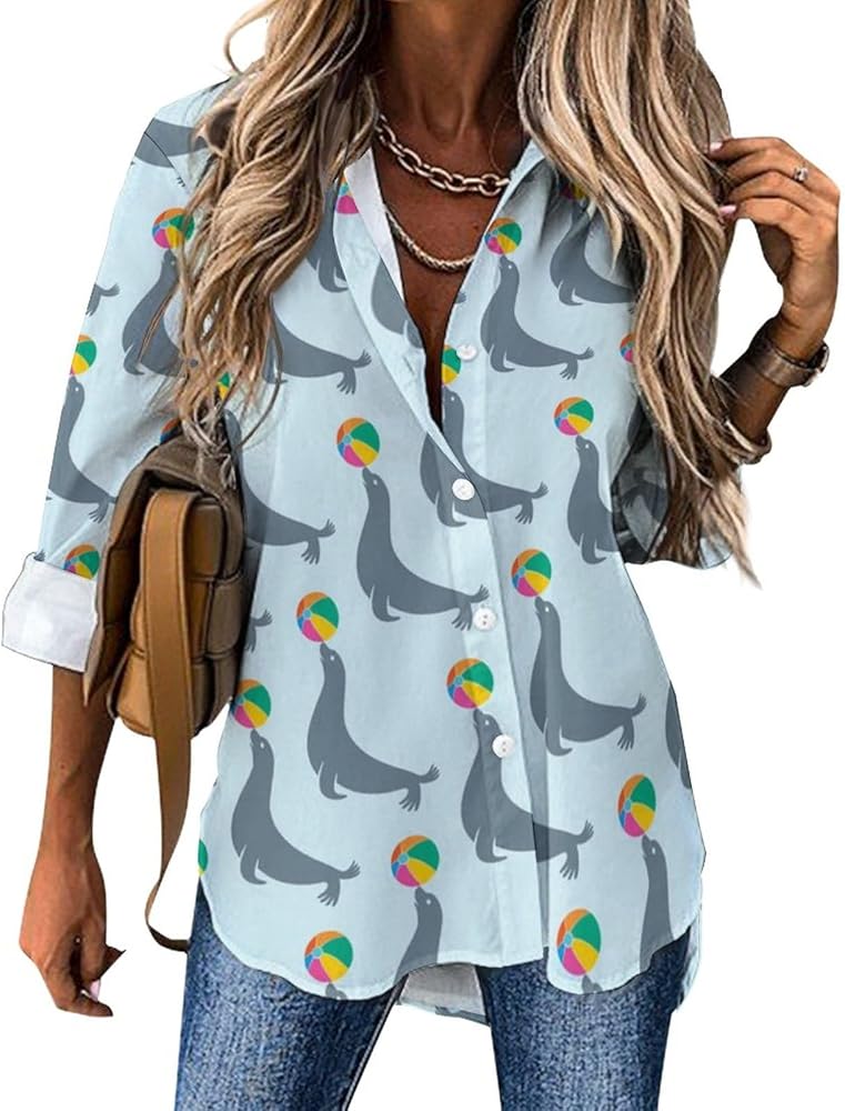 Seal Animal with Ball Blouses for Women Hawaiian Button Down Long Sleeve Shirts Tees Tops