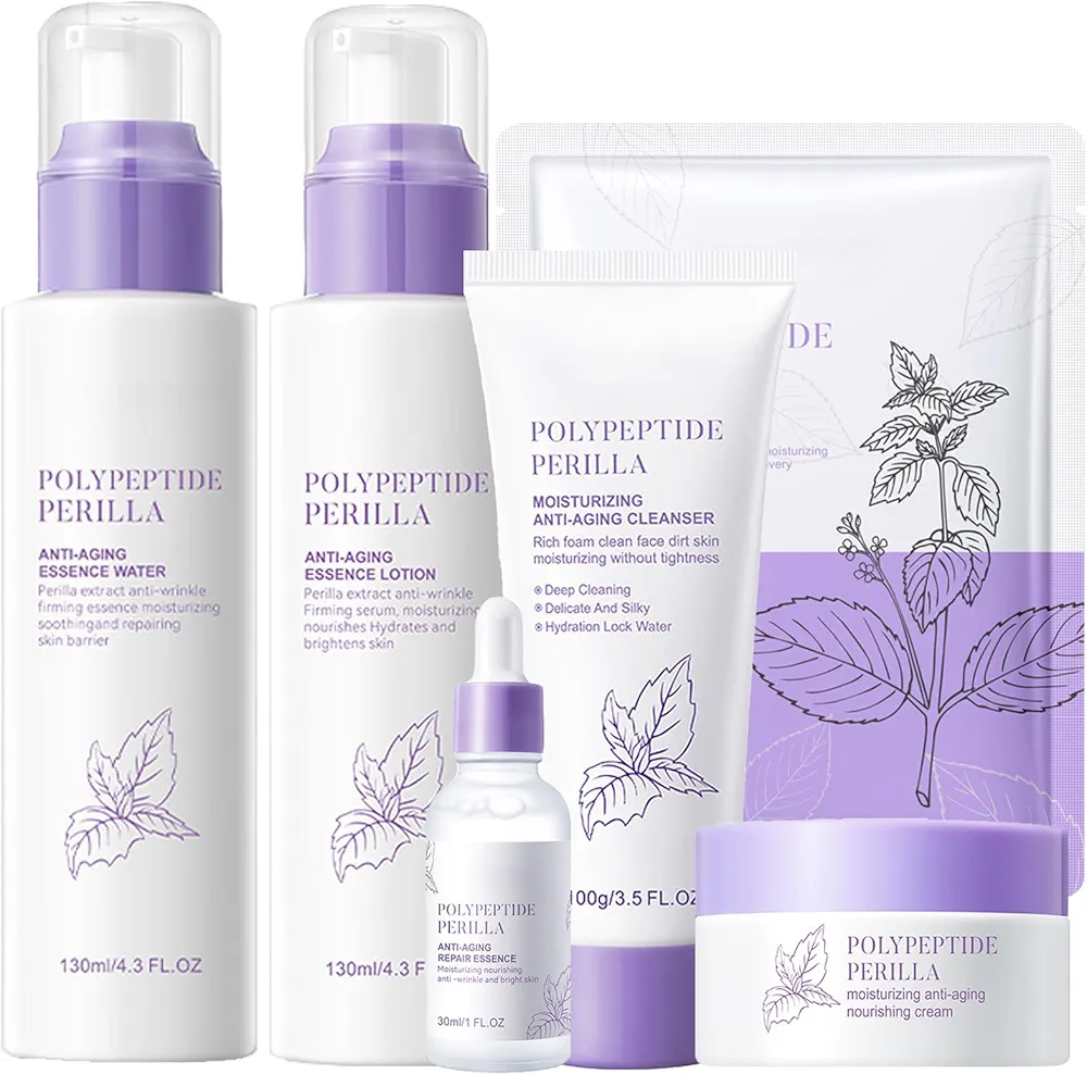 Skin Care Set, 6Pcs Polypeptide Perilla Face Care Set for Women Girl and Moisturize Skin, Skin Care Routine Set Include Serum Face Cream Toner Lotion Cleanser Facial Mask