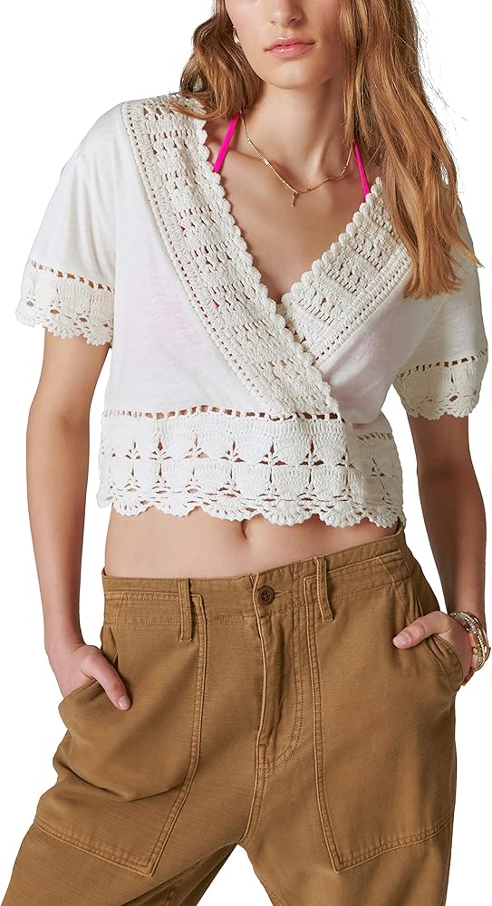 Lucky Brand Women's V Neck Crochet Top