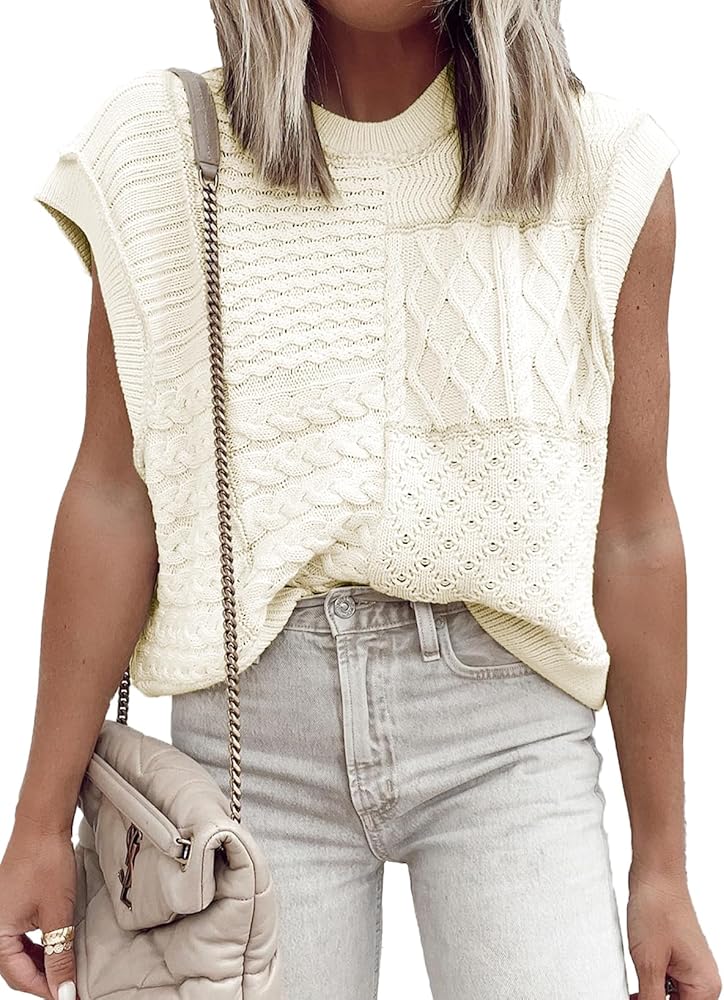 EVALESS Womens Cap Sleeve Sweater Vest Crewneck Loose Fit Knit Lightweight Crochet Knit Pullover Tops