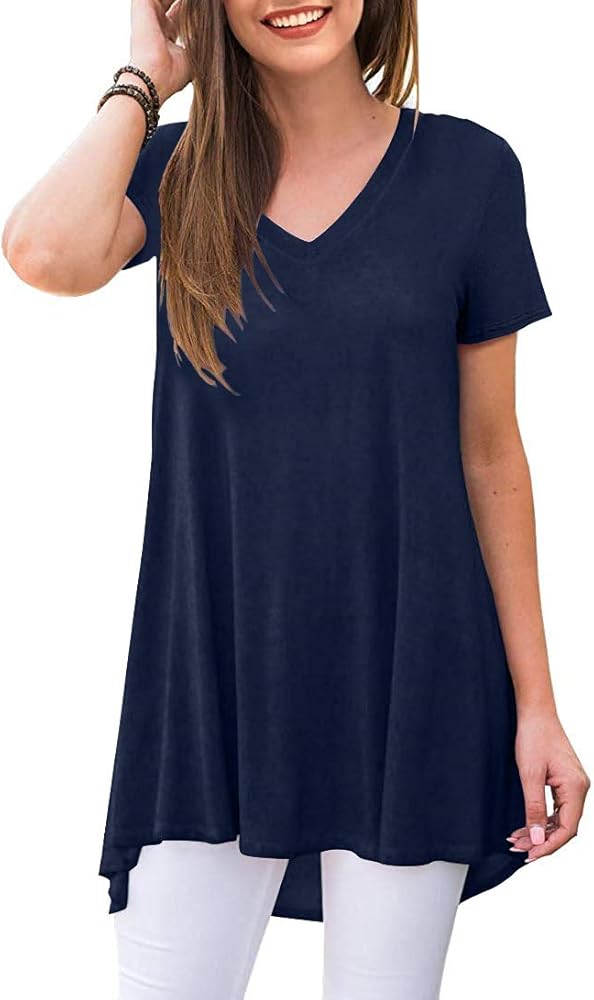 POPYOUNG Women's Summer Casual Short Sleeve Tunic Tops to Wear with Leggings V-Neck T-Shirts Loose Blouse