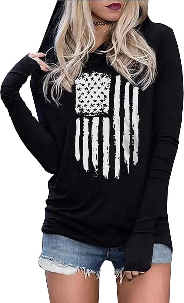 LYEIAO American Flag Fashion Hoodie for Women USA Flag Graphic T-Shirt 4th of July Patriotic Long Sleeve Hoodie Pullover Tops