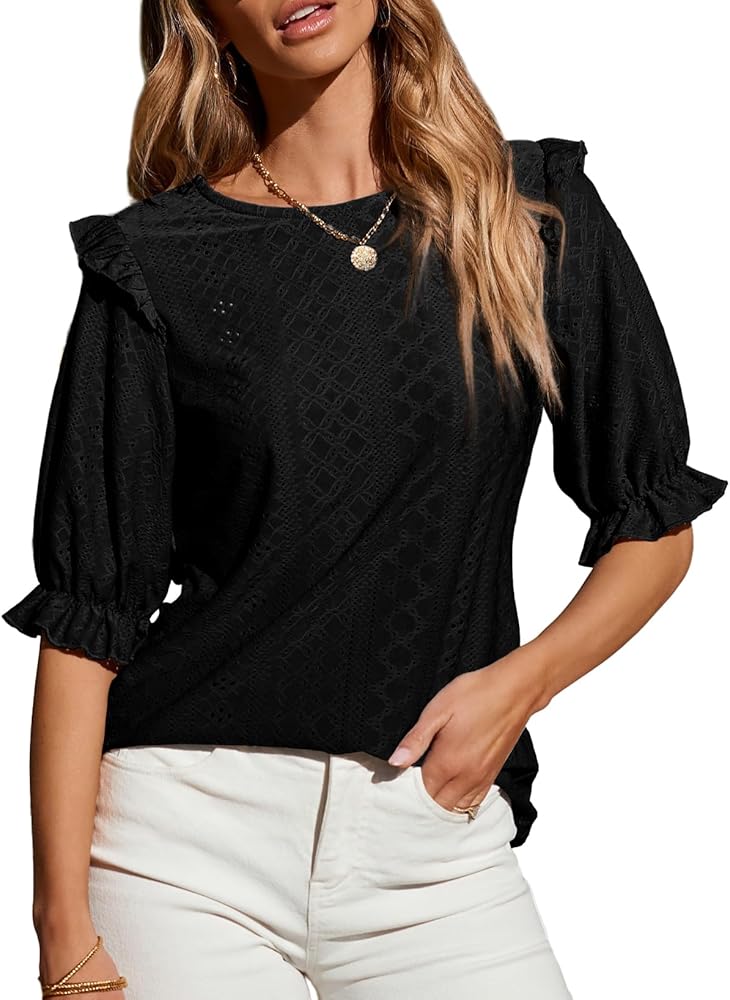 EVALESS Womens Casual Summer Tops Crewneck Ruffle Short Sleeve Shirts Sexy Crochet Hollow Out T Shirts Solid Tee Blouses