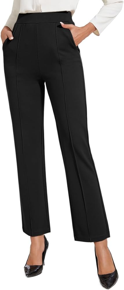 Women's Classic Stretchy Pull On High Rise Pants Straight Leg Slacks