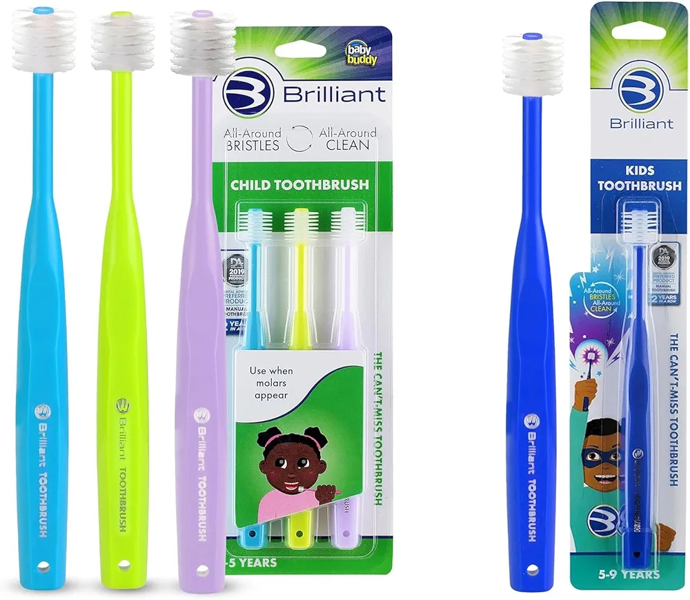 Brilliant Oral Care Bundle; Pack of 3 Child Toothbrush- Blue Lime Lilac & Pack of 1 Kids Toothbrush - Royal Blue with Soft Bristles Round Head