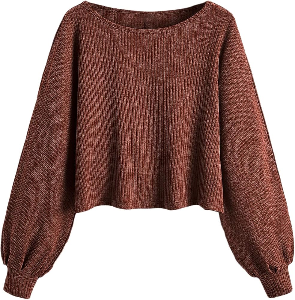 SweatyRocks Women's Casual Crewneck Raglan Long Sleeve Ribbed Knit Crop Top Cropped Sweater