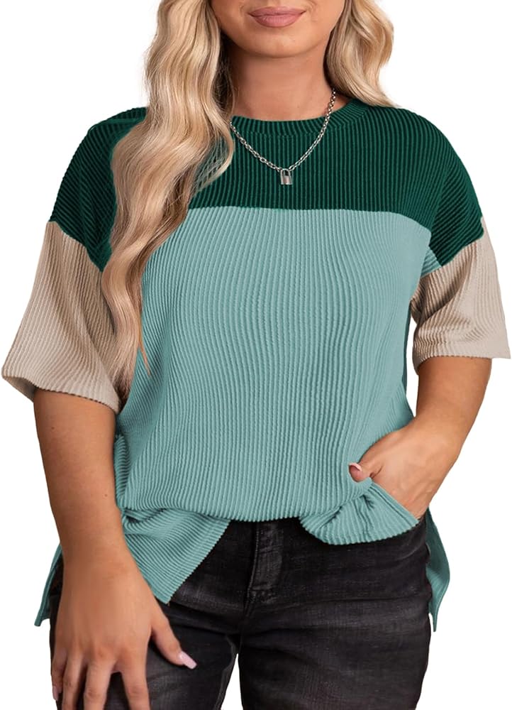 Eytino Womens Plus Size Tunic Tops Crewneck Short Sleeve Color Block Pullover Shirts (1X-5X)