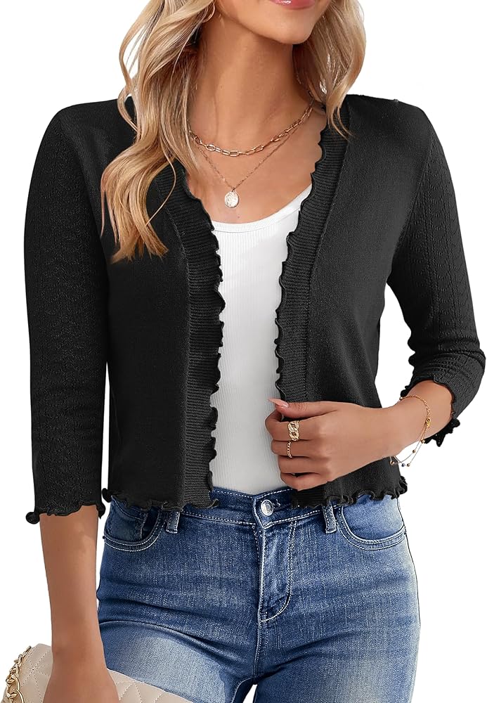 Women's 3/4 Sleeve Cropped Cardigan Open Front Bolero Shrugs Sweater S-XL