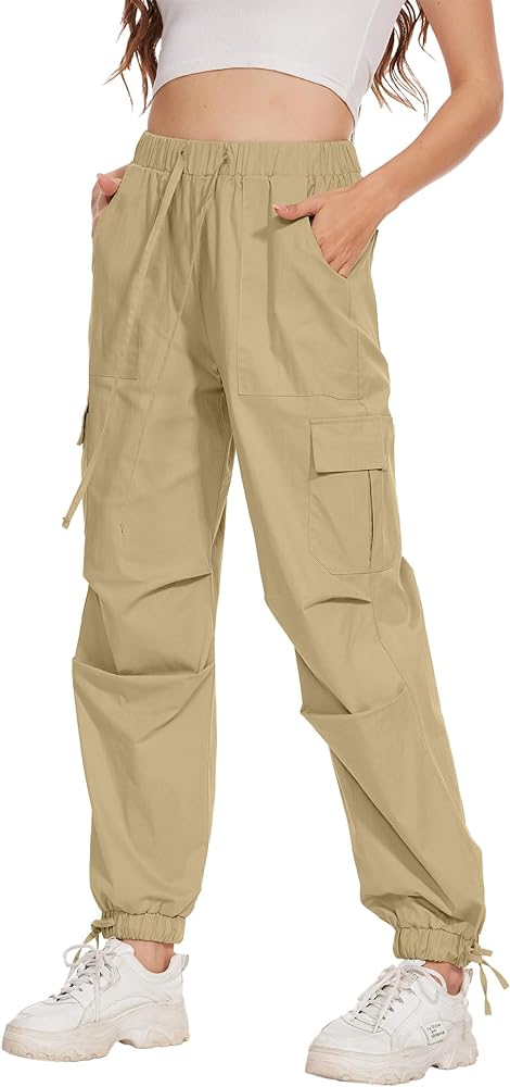 Women's Cargo Pants Baggy Cinch Bottom High Waisted Drawstring Wide Leg Parachute Trousers with 6 Pockets