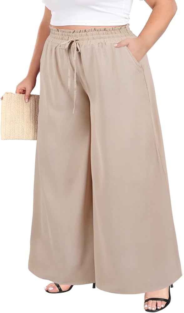 Moon Wood Wide Leg Pants Woman Plus Size Flowy Palazzo Pants Loose Culottes Summer Casual Lounge Trousers with Pockets