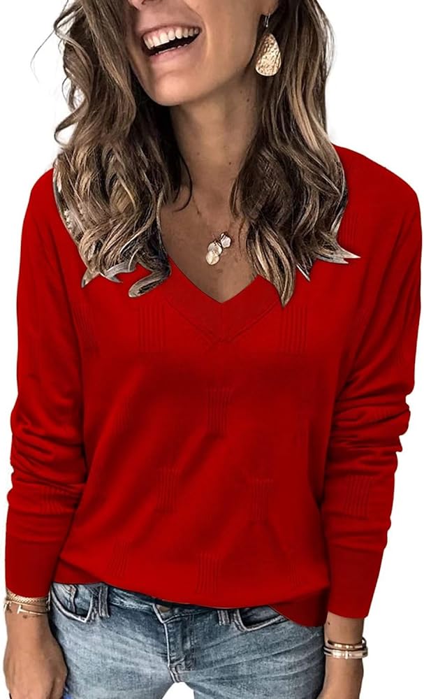 FEKOAFE Womens V Neck Sweaters Casual Pullover Sweaters for Women 2024 Trendy