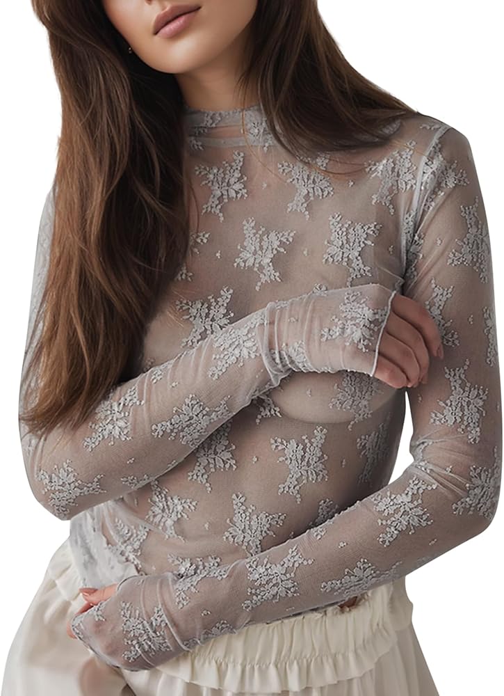 Women's Casual Solid High Neck Tops Lace Floral Long Sleeve Tee Shirt Blouse with Thumb Hole Layering See Through Tops