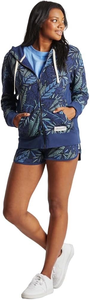 Life is Good. Women's Tropical Palm Print Simply True Zip Hoodie, Darkest Blue