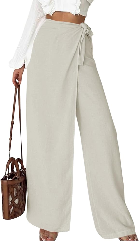 Cicy Bell Women's Wide Leg Wrap Pants Fashion Casual Tie Waist Loose Flowy Pants