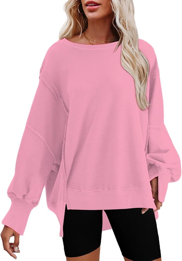 Bornpom Oversized Sweatshirt Crewneck Sweatshirts Long Sleeve Shirts Slit Pullover Top Solid Color Preppy Clothes