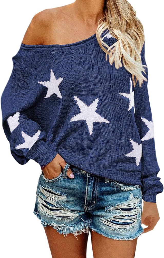 COCOLEGGINGS Women's Scoop Neck Long Sleeve Star Pullover Sweater Tunic Tops