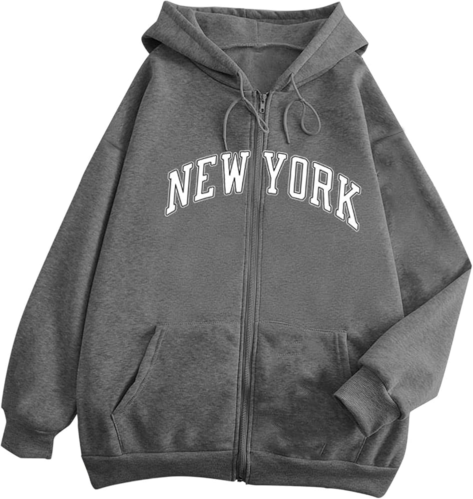 Women's Hooded Sweatshirt Solid Color Loose Fit Hoodie Cool Zip Up Hoodies Women College Drawstring New York Zipper