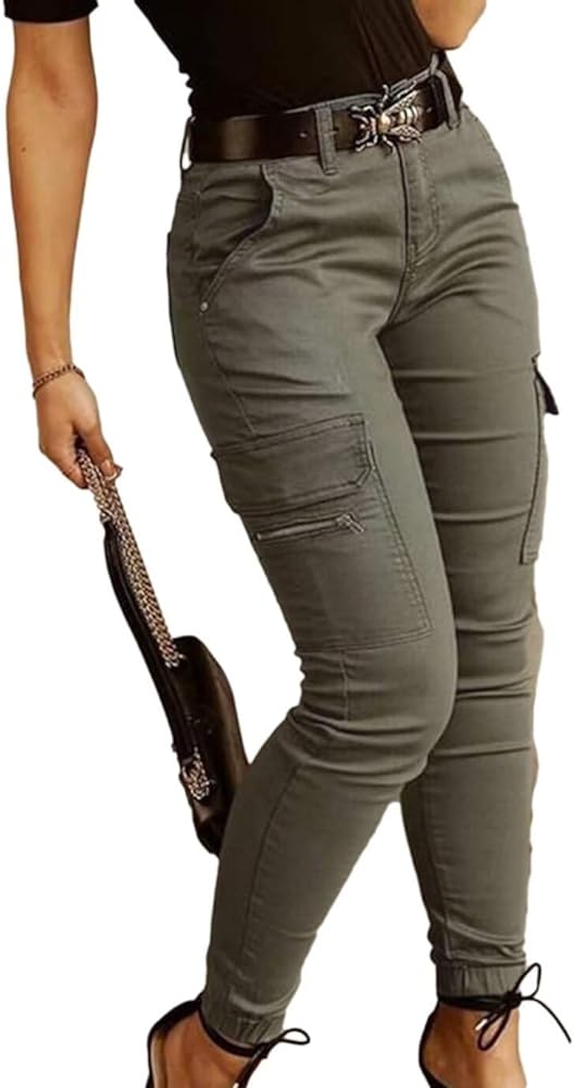 Flamingals Women's Mid Waist Skinny Jogger Flap Pocket Motorcycle Western Cargo Pants Slim Fit Jeans