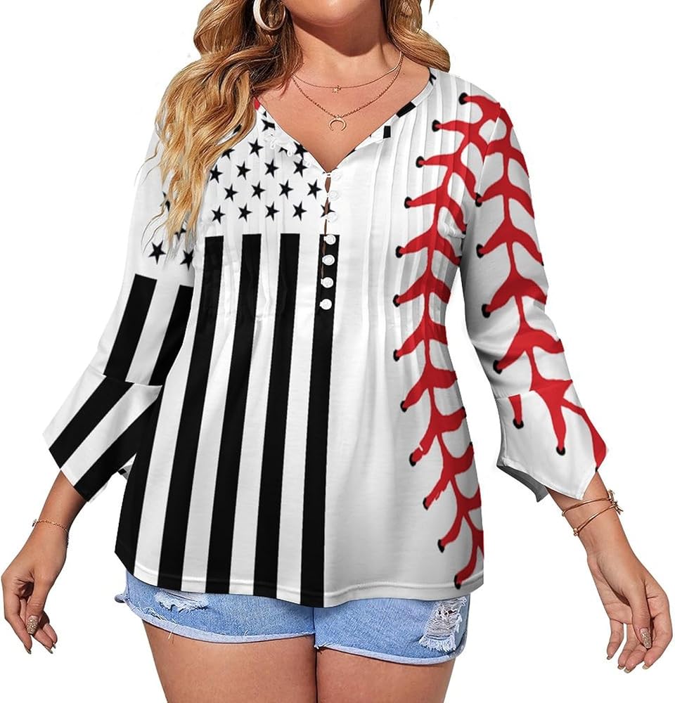 American Flag and Baseball Cute Womens T-Shirts 3/4 Sleeve Button Down Tee Tops Blouse Summer Beach