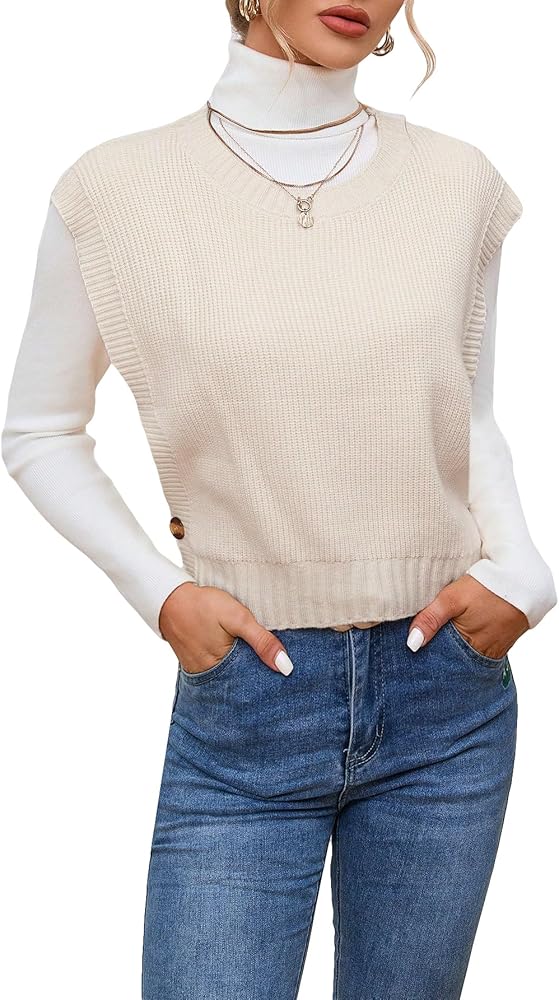 OYOANGLE Women's Sleeveless Round Neck Knit Sweater Vest Button Crop Sweater Tops