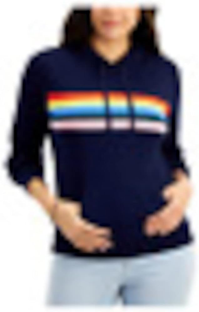 STYLE & COMPANY Womens Navy Striped Long Sleeve Hoodie Sweater Size: S