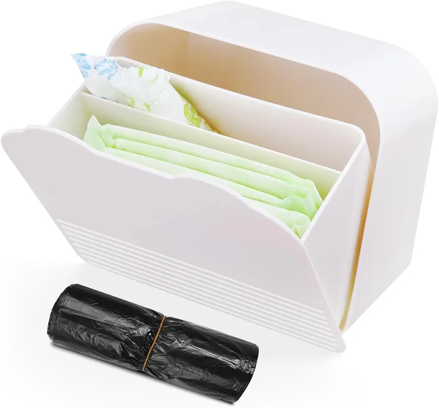 Pad and Tampon Organizer for Bathroom,Plastic White Sanitary Napkin Storage Container 6x6x3.5 inches Sanitary Pad Holder for Women Bathroom,Feminine Products Organizer(with 100pcs Sanitary Trash Bags)