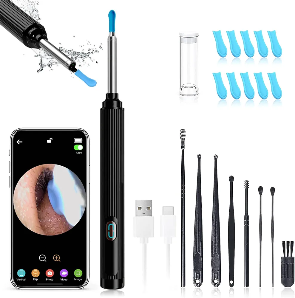 Ear Wax Removal 1080P Ear Wax Removal Tool Camera - Earwax Remover Tool with 8 Pcs Ear Set - Ear Cleaning Kit Otoscope with 6 LED Lights - Ear Cleaner for Android&iOS, WES, Black-b